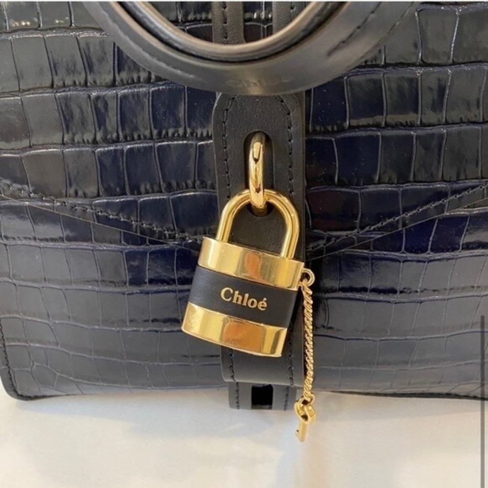 Chloe Aby Day Bag Navy Blue Croc Embossed Leather Top Handle Satchel Medium - Picture 7 of 8